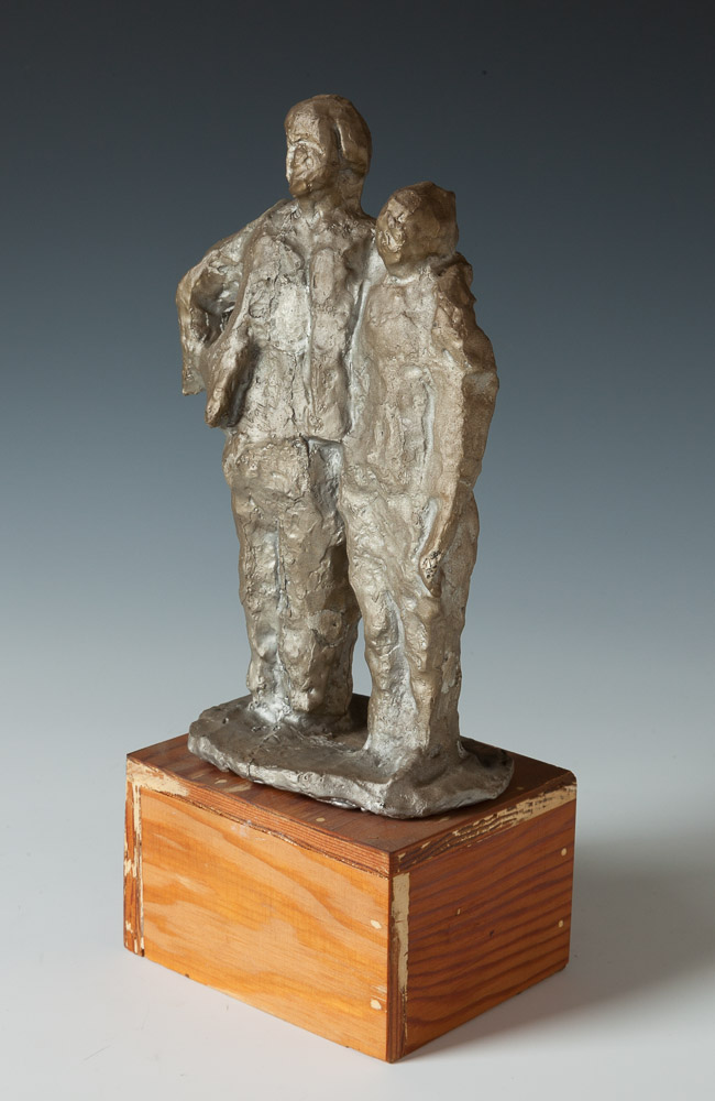 045 Two Cast Figures, Arms Over Shoulders  h 9.75" x w 6" x d 3.5" [Total h 12.75" base 3"x5"x4"]